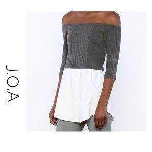 J.O.A Ooff The Shoulder Contrast Top Grey & white